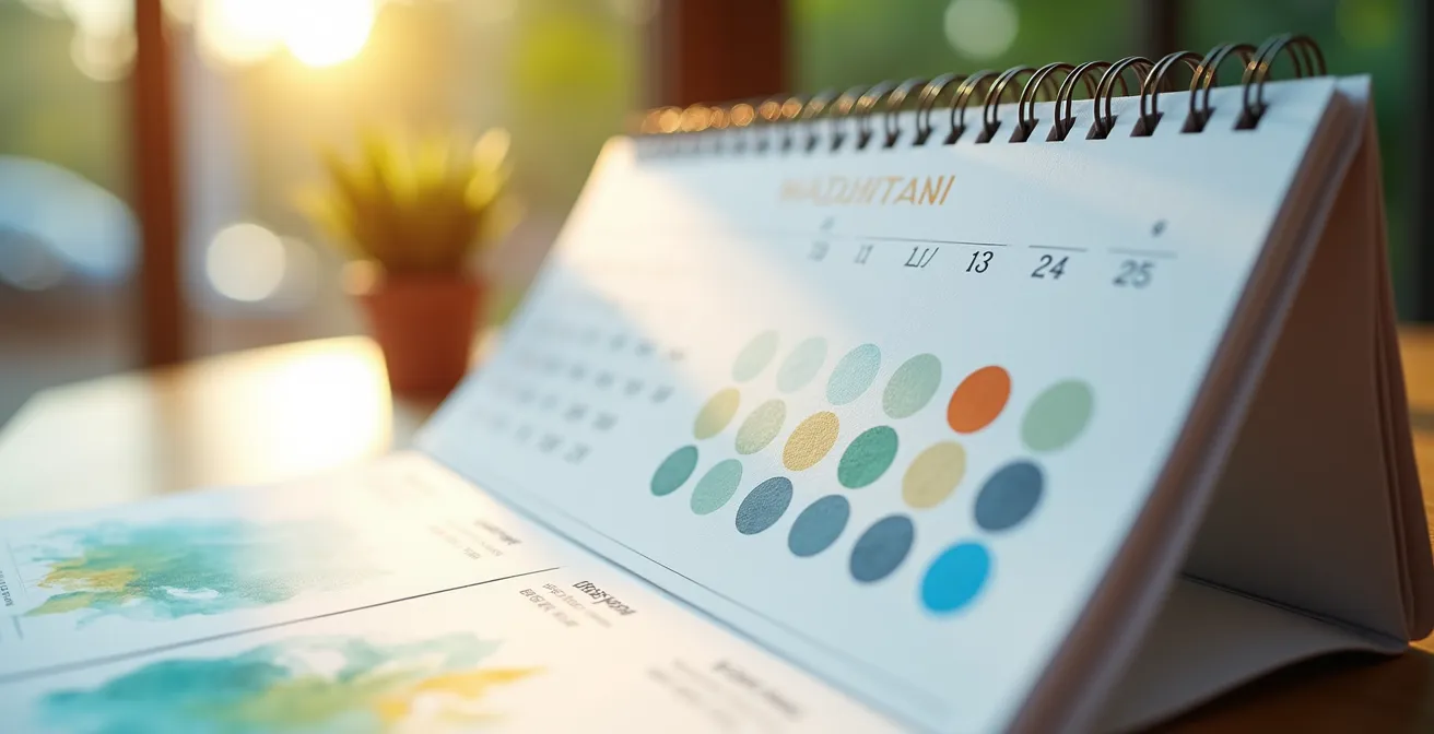 Calendario con cerchi colorati che evidenziano i periodi migliori per prenotare