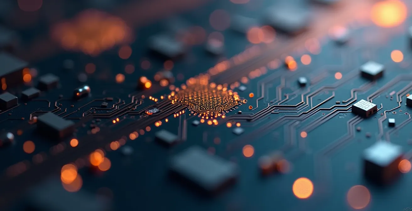 Macro dettaglio di microvia e tracce sottili su PCB HDI con texture metallica e illuminazione controllata