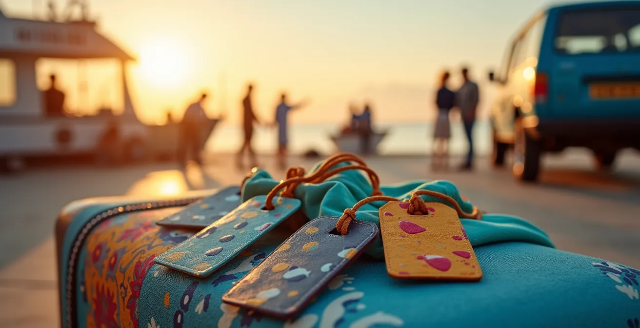 Famiglia con bambini e animali domestici che preparano il viaggio in traghetto