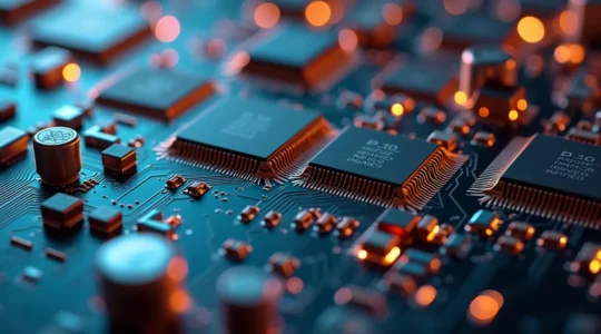 Primissimo piano di un circuito stampato HDI con microvie e componenti intricati, illuminato da luce cinematografica morbida con effetto bokeh