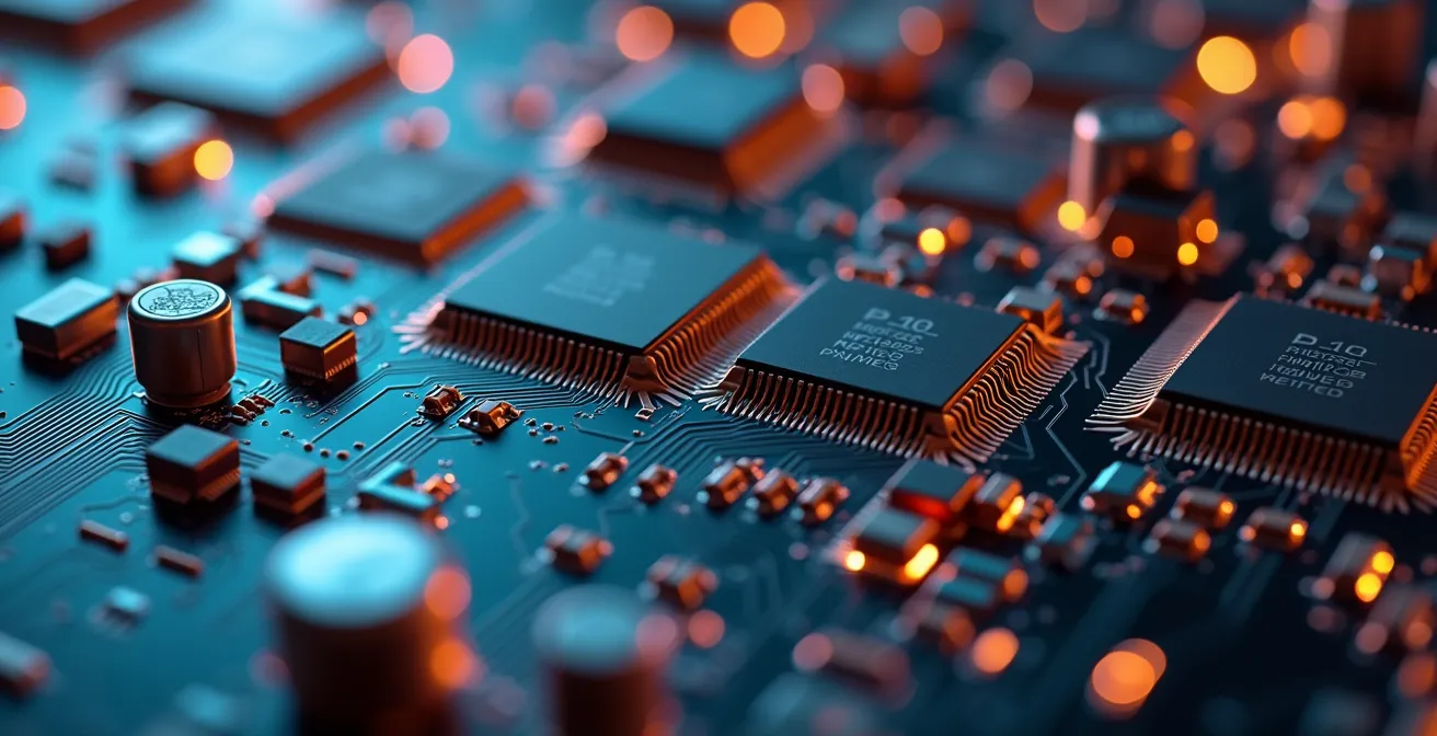 Primissimo piano di un circuito stampato HDI con microvie e componenti intricati, illuminato da luce cinematografica morbida con effetto bokeh