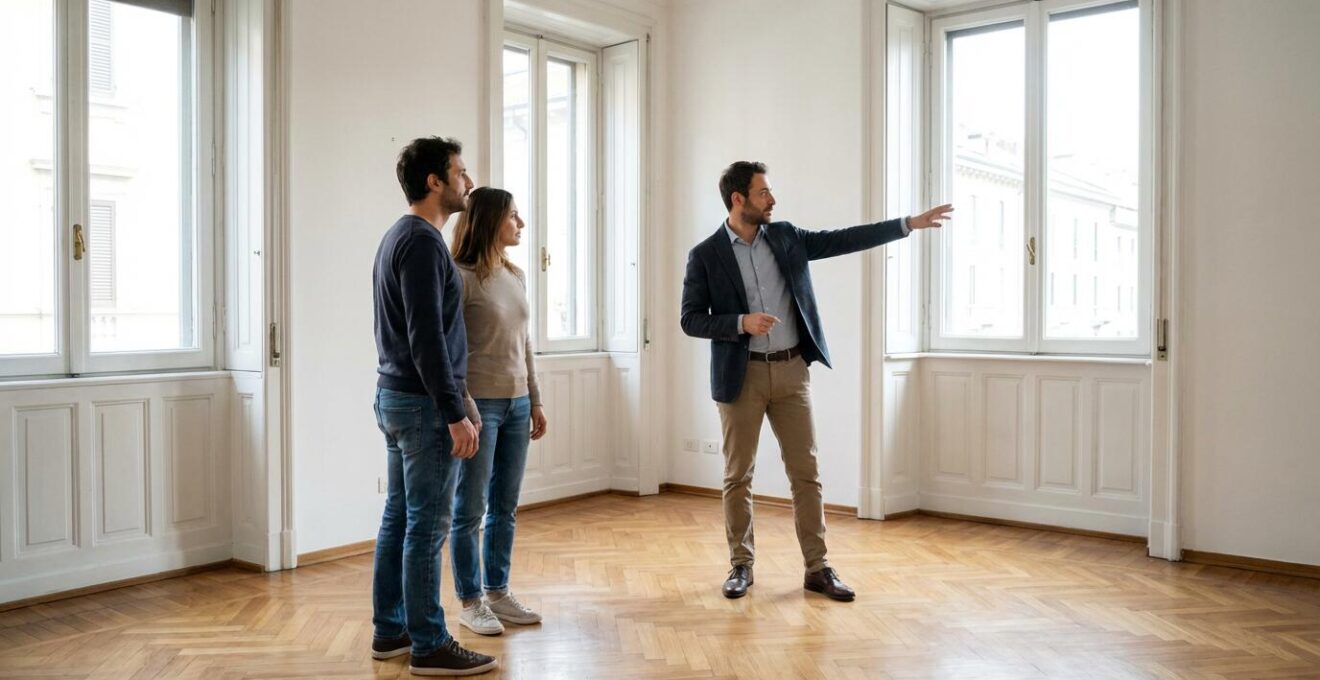 Agente immobiliare italiano che mostra un appartamento a potenziali acquirenti