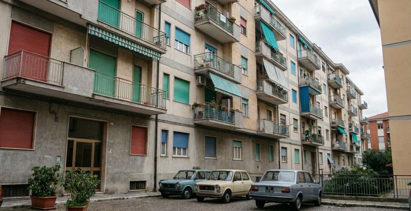 Esterno di un condominio residenziale italiano con cartello vendesi sul balcone