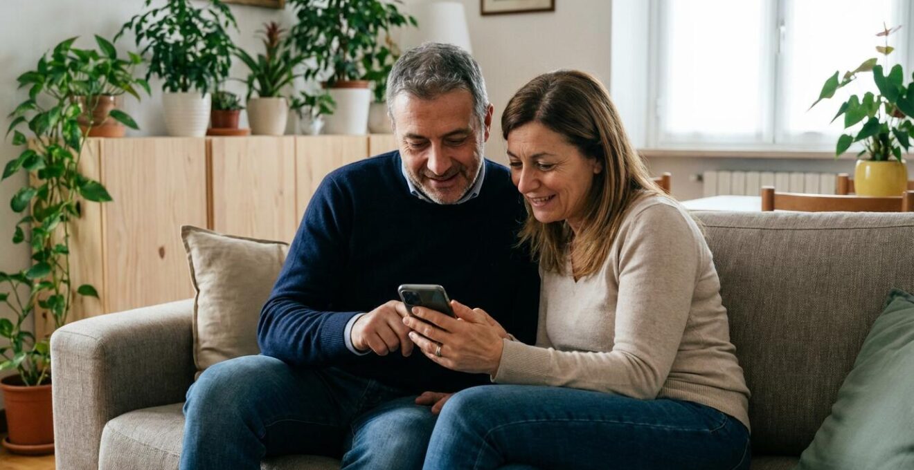 Coppia italiana che consulta una valutazione immobiliare sullo smartphone nel loro salotto
