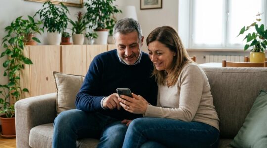 Coppia italiana che consulta una valutazione immobiliare sullo smartphone nel loro salotto